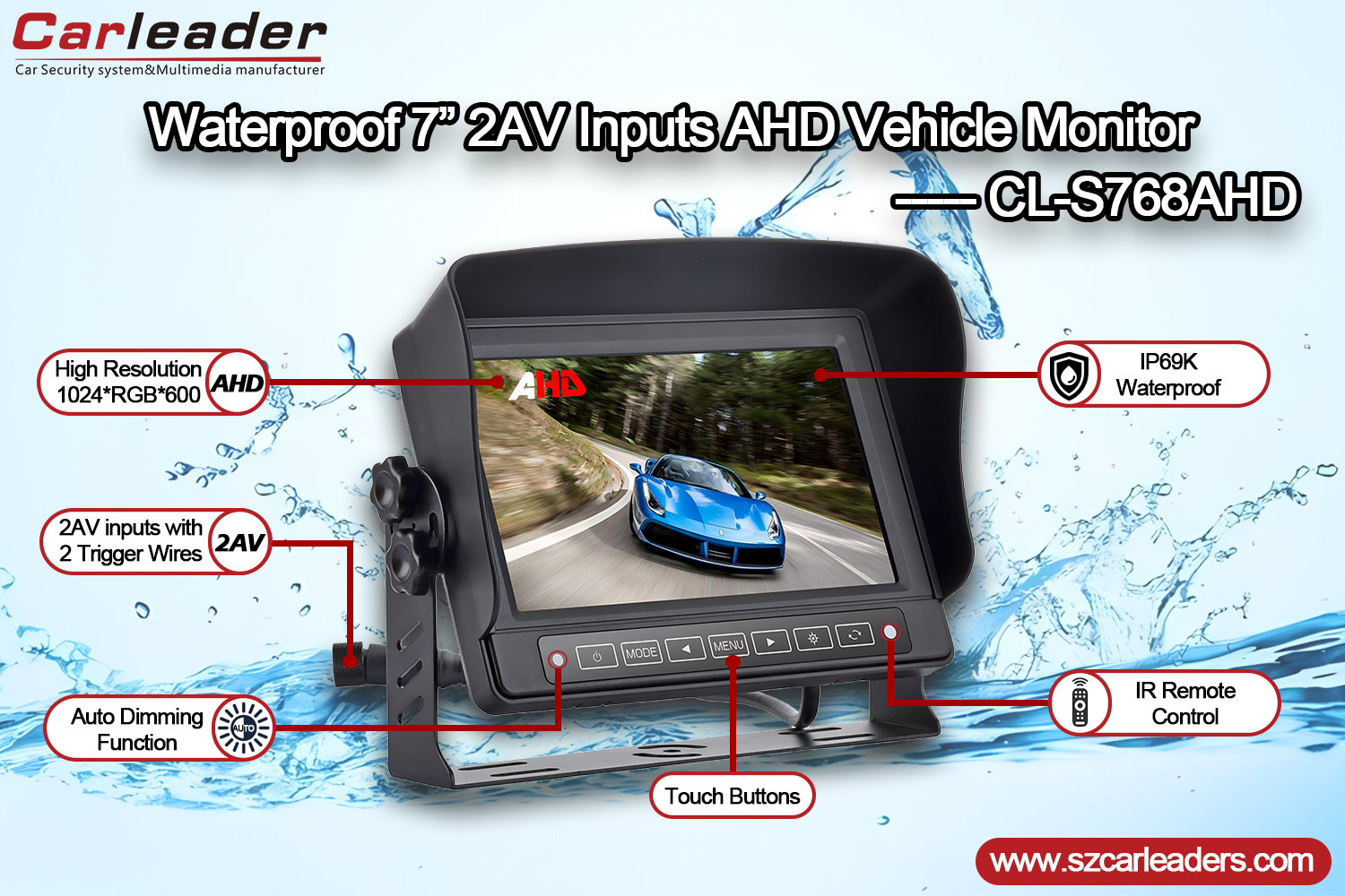 Monitor per auto impermeabile AHD IP69K da 7 pollici