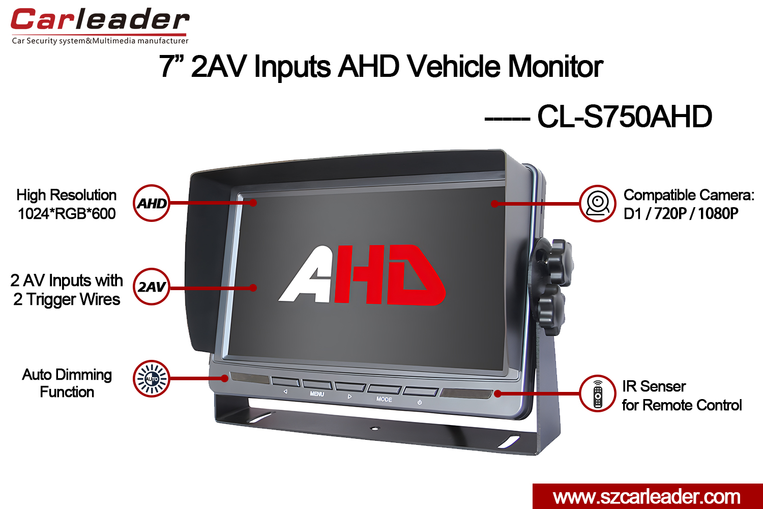 Monitor AHD per retrovisione auto LCD TFT da 7 pollici