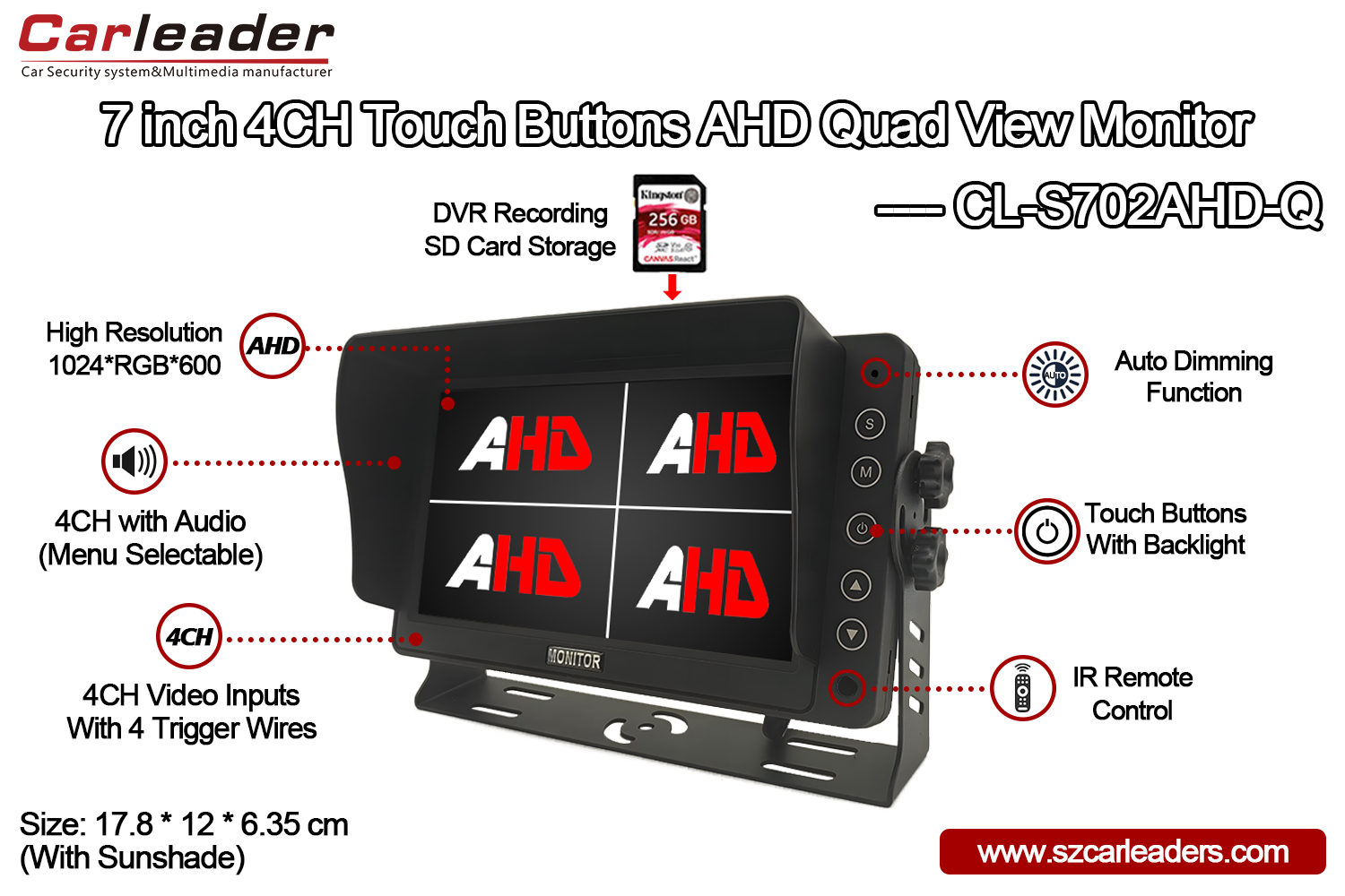 Monitor posteriore per auto da 7 pollici con pulsanti touch