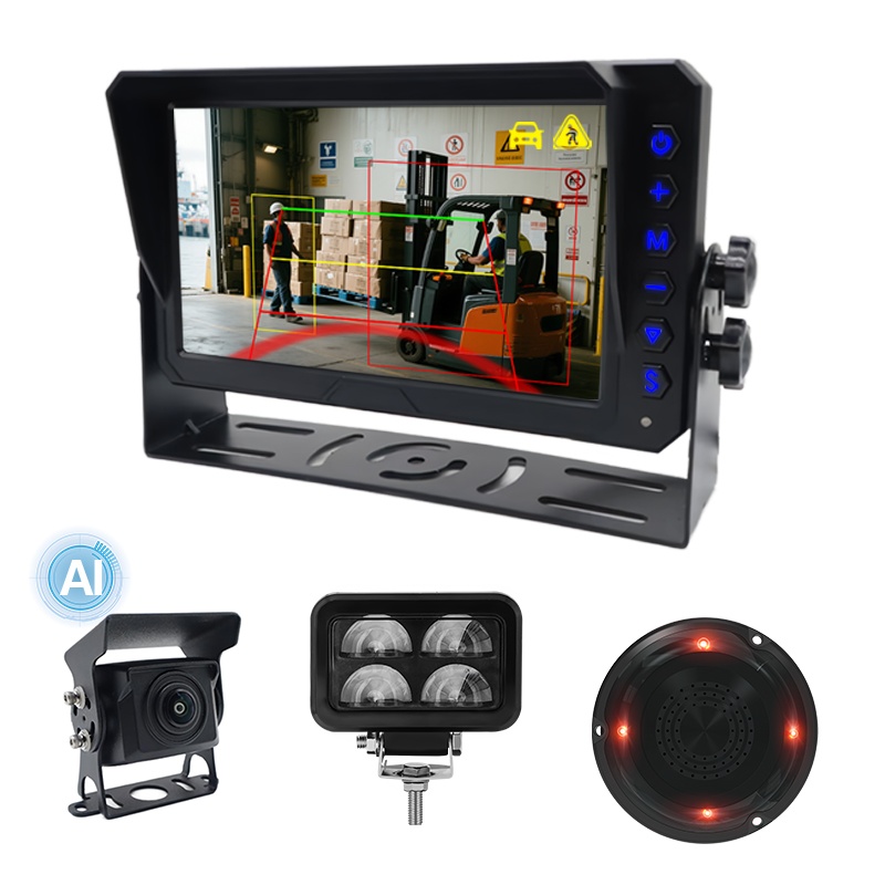 Sistema di monitoraggio del rilevamento di intelligenza artificiale con luce di avvertimento a forma di U per carrello elevatore
